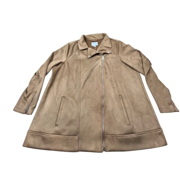Old Navy Jacket Womens 3X Plus Tan Moto Zip Front Faux Suede Soft Stretch Coat - Picture 1 of 9